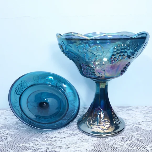 Indiana Blue Iridescent Carnival Glass Pedestal Compote Harvest Grape Purple Lid - Picture 9 of 16